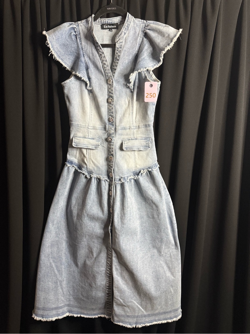 Blue Denim Midi Dress with Ruffle Cap Sleeves